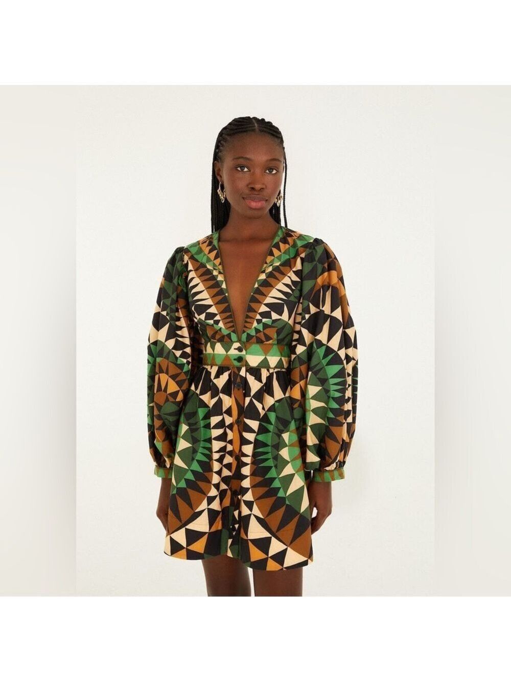 Farm Rio Green Heart Deco Puff Sleeve Mini Dress